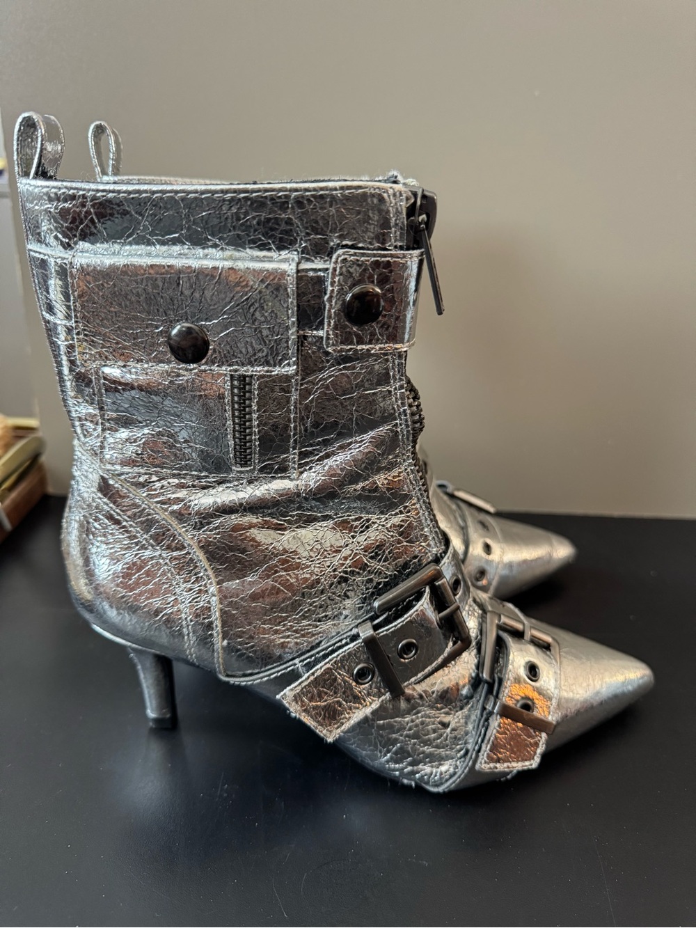 Metallic Silver Pointed-Toe Buckle Ankle Boots - Women